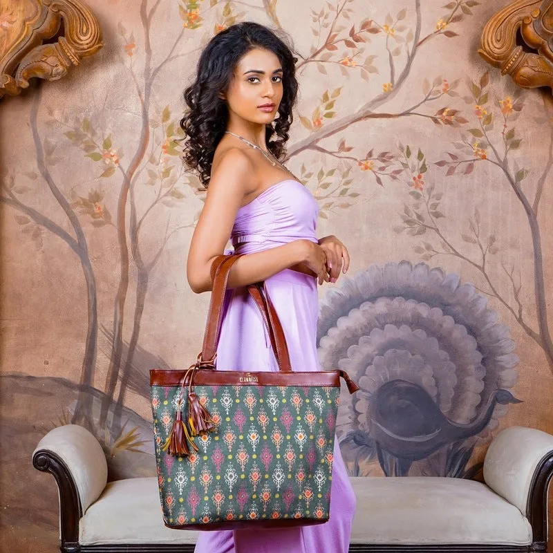 THE CLOWNFISH Casey series 15.6 inch Laptop Bag For Women Printed Handicraft Fabric & Faux Leather Office Bag Briefcase Hand Messenger bag Tote Business Bag (Green)